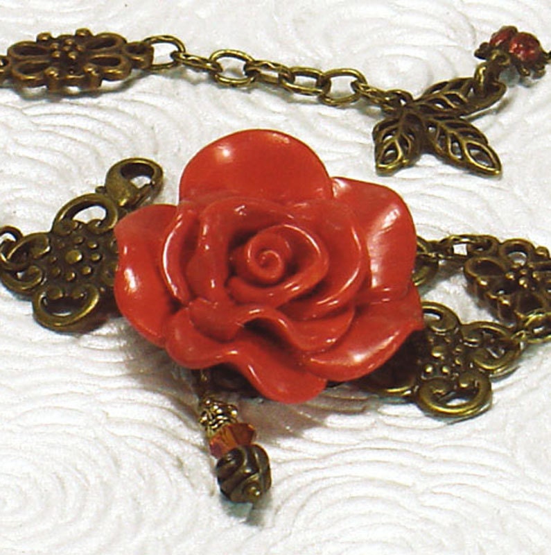 Orange Rose and Antiqued Brass Chain Bracelet, Vintage Style, Swarovski Crystal, Ladybug Charm