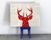 Deer Wall Art on Text, Antler Wall Art, Animal Silhouette, Deer Head Silhouette, Deer Head with Antlers in Red in Vintage Book Pages