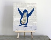 Happy Blue Penguin with a Vintage Book Page Background 8x10