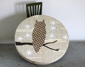 Owl in the Snow, Owl Wall Art on Vintage Text, Woodland Wall Art, Owl on a Branch, Bird on a Branch, WInter Bird Scene, 8"x8" Round