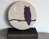 Purple Owl Woodland Wall Art, Owl on a Branch, Owl Art, Owl With Moon Over Vintage Book Page, Purple Owl Nursery Art on 8" Round Birch Panel