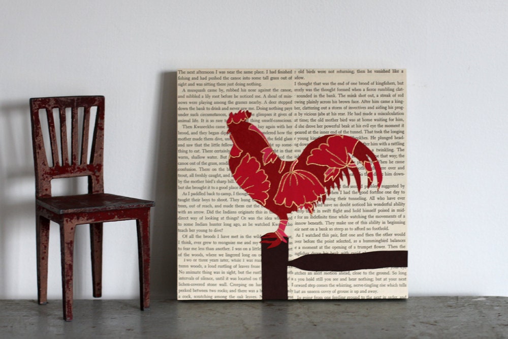 Rooster Collage, Rooster on a Fence, Rooster Art, Farm Animal Art, Pink Rooster, Bird Art, Animal Silhouette over Vintage Text