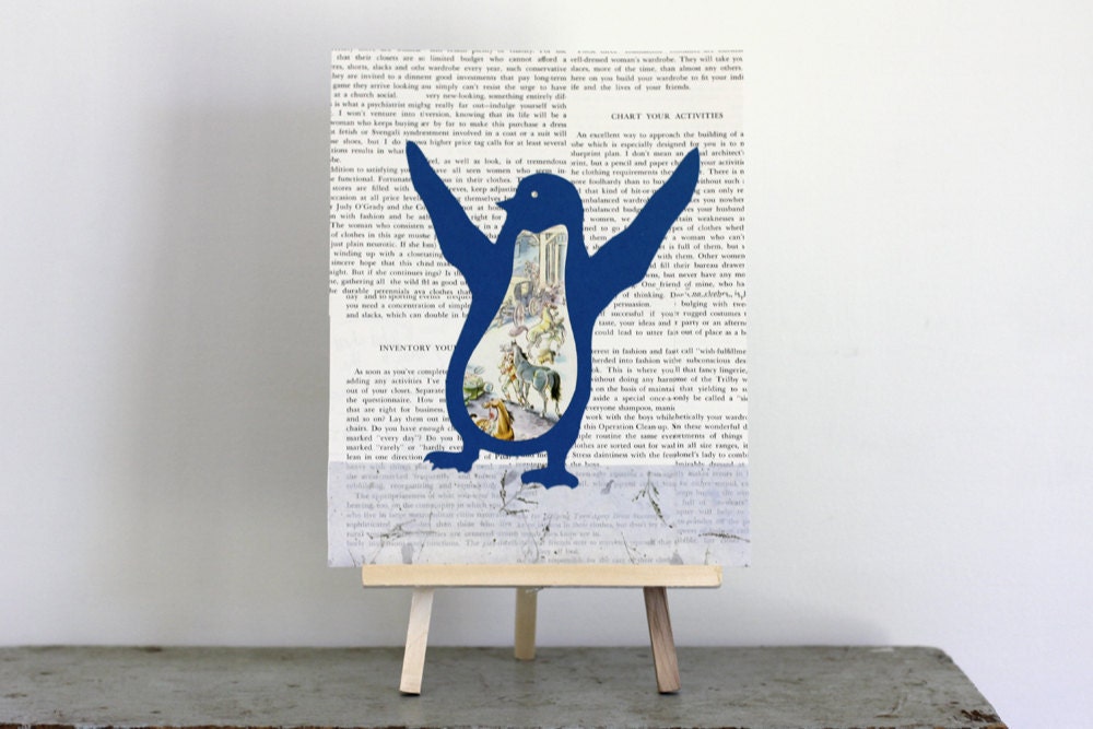 Happy Blue Penguin with a Vintage Book Page Background 8x10