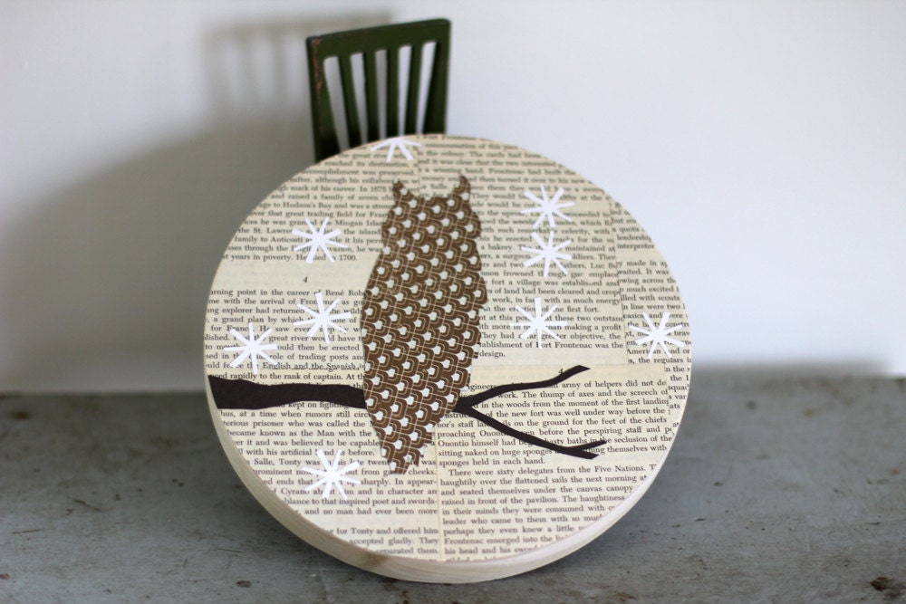 Owl in the Snow, Owl Wall Art on Vintage Text, Woodland Wall Art, Owl on a Branch, Bird on a Branch, WInter Bird Scene, 8"x8" Round