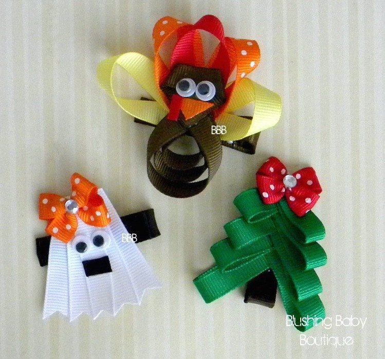 Holiday Hair Clip Trio- Halloween- Thanksgiving- Christmas- Ghost- Turkey- Christmas Tree-