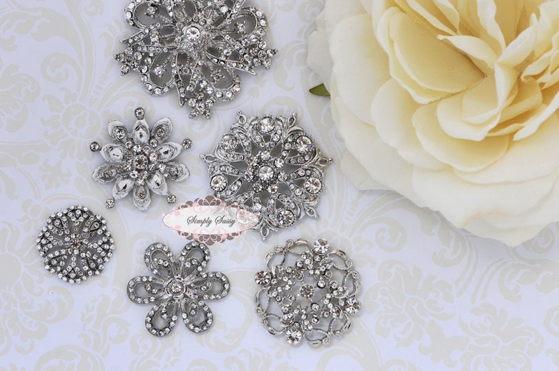 6pc Set GORGEOUS Rhinestone Crystal Metal Flatback Embellishment Button Brooches wedding bridal favor invitation crystal bouquet flower hair