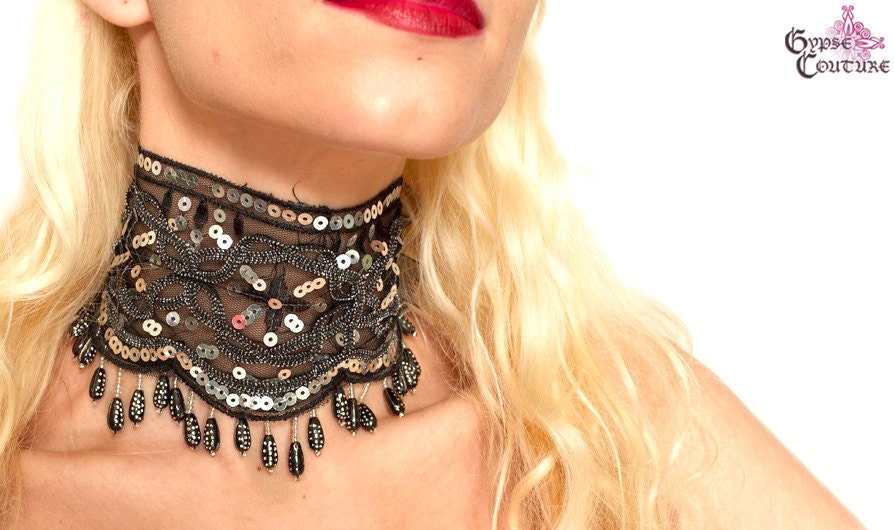Moulin Rouge Embroidered Black Mesh Lace Chocker w/ Silver Sequin, Corset Ties and Beads