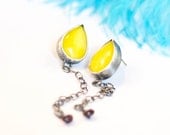Lemon Zest Earrings, sterling, vintage yellow glass, garnet,long, drop, silver chain, post