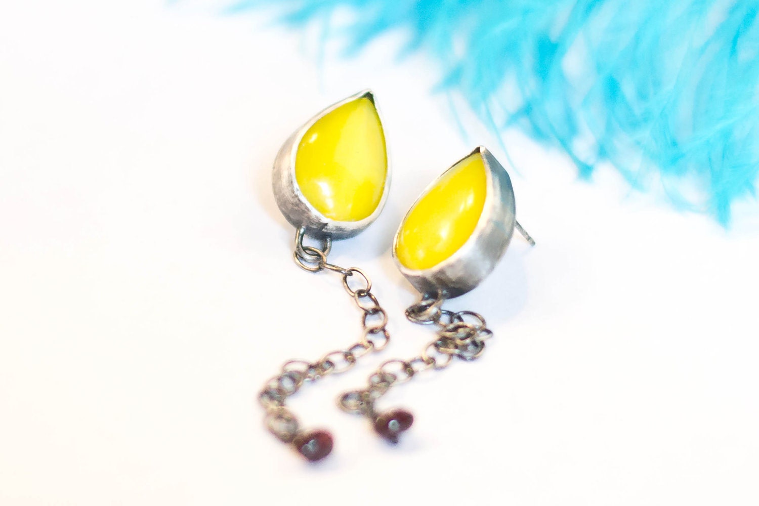 Lemon Zest Earrings, sterling, vintage yellow glass, garnet,long, drop, silver chain, post