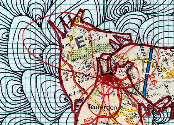Original Drawing Heart Map Collage Print, Graph Paper, Lines - Limited Edition Print - 11.5 X 8