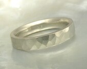 18k white gold hand forged hammered band / wedding ring, satin finish, comfort fit, granite