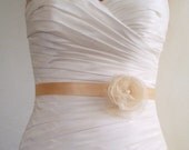 Wedding Sash MINI PEARL - Vintage Ivory flower on Champagne Mini Sash