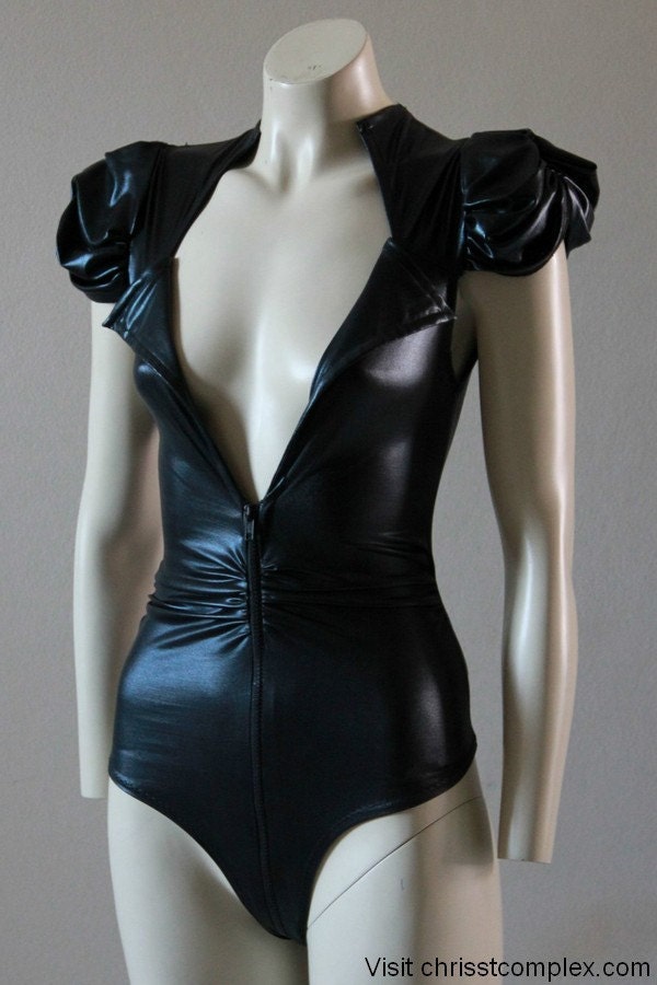 Bodysuit Black Pvc Latex Look Gothic Dark Fashion Barbie Kawaii Lolita Cosplay - Chrisst's black pvc bodysuit - SPECIAL ETSY PRICE