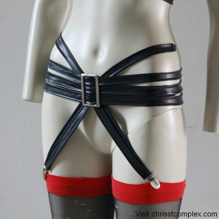 Latex Garter Belt Buckle Black Fetish Gothic Lady Gaga Cosplay Costume Spider -X Suspenders Chrisst - Unique Fashion SPECIAL ETSY PRICE