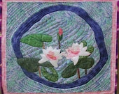 Fiber Art, Quilted Wall Hanging two flowers, and a lily pad for home or cabin