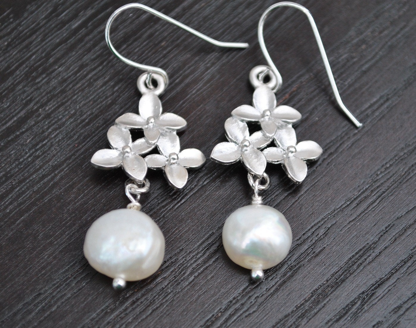 Pearl Earrings cherry blossom Flower Silver Matte Rhodium Fres Water Pearl Bridal Jewelry Bridesmaid gift