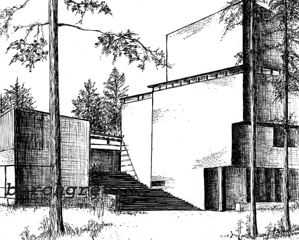 Town Hall, Saynatsalo, Finland - 1952, Alvar Aalto - pen & ink, 11" x 14" matted