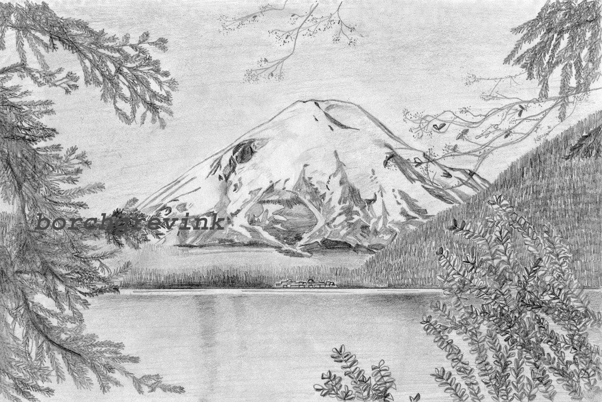 Mount St. Helens and Spirit Lake, Southwest Washington State - pencil sketch, 12" x 16" matted