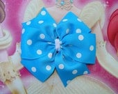 Blue Turquoise Hair Bow with White Polka Dots Large Pinwheel Hair Bow Hair Clip
