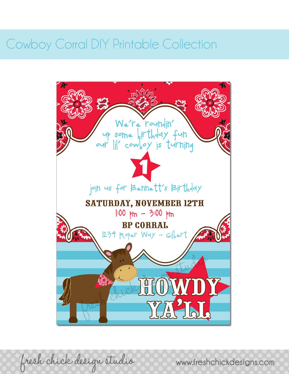 Cowboy Horse Western Printable Birthday Party Invitation - Fresh Chick Designs Il_570xn