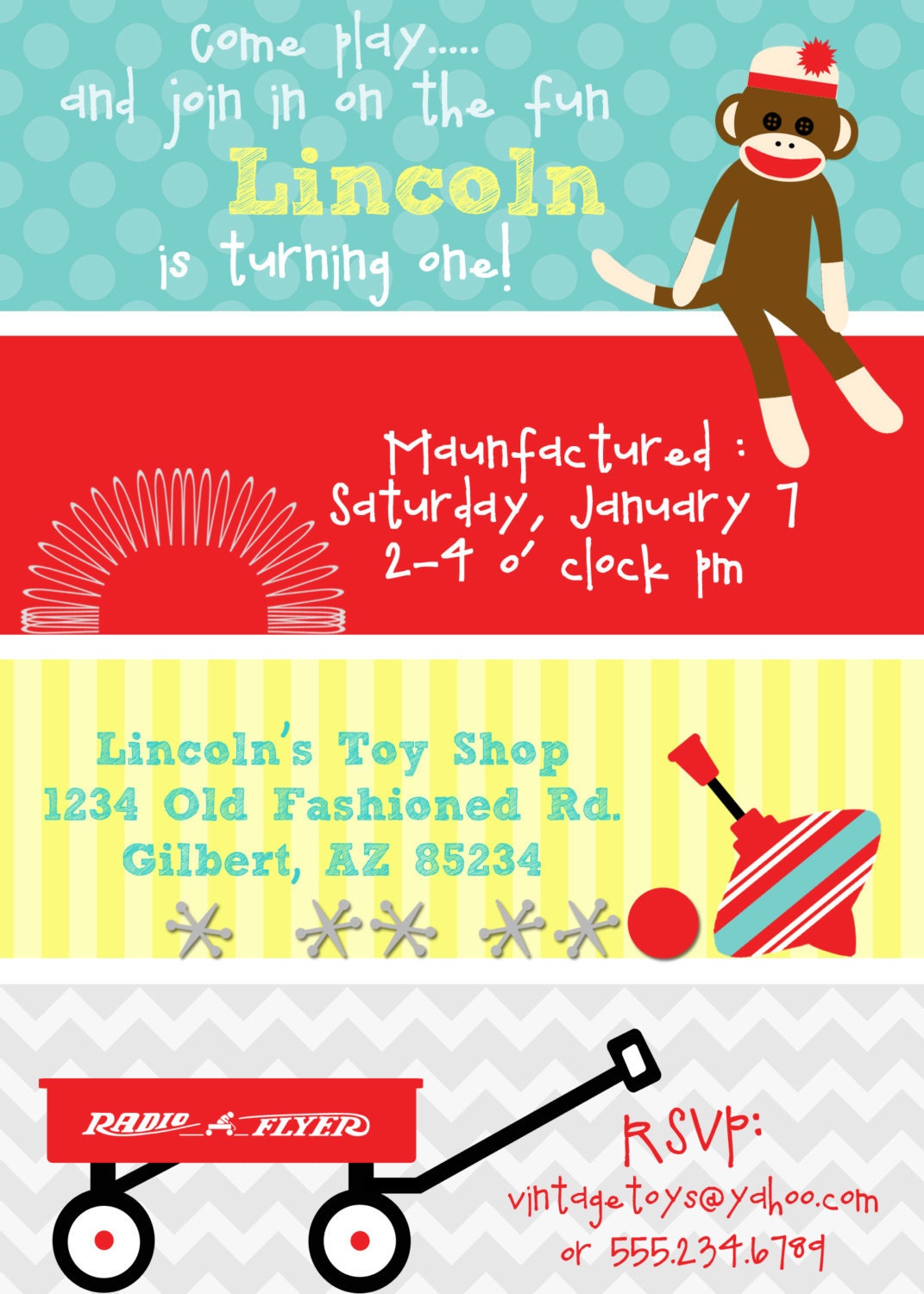 PARTY PRINTABLE - Vintage Toy Sock Monkey Birthday Invitation - Petite Party Studio Il_570xn