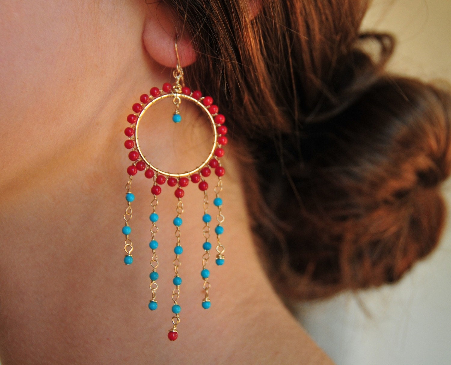 NEVINA Dea Turquoise and Coral Gold Fill Earrings- Ready to Ship