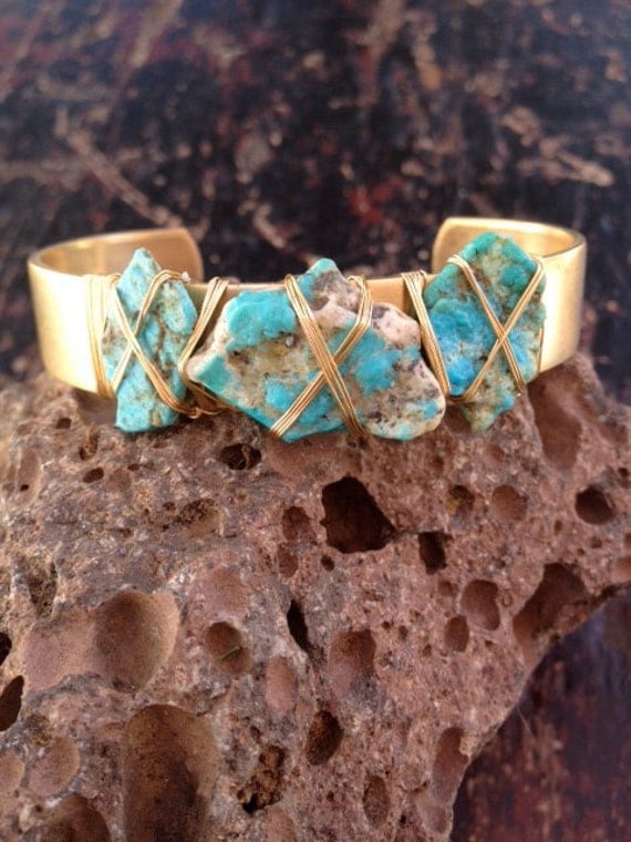 LUX Three Stone Stacking Brass Bracelet Bohemian Turquoise Gemstone Cuff