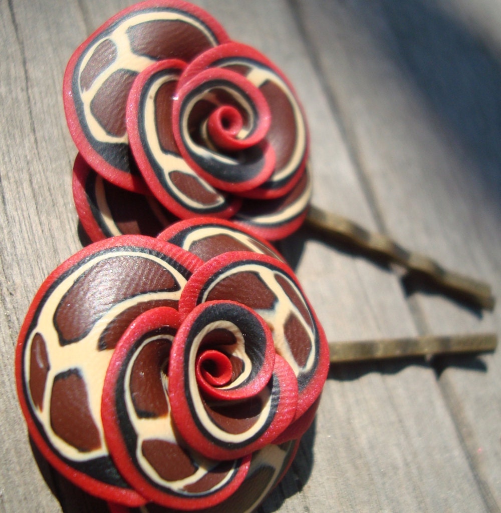 Clay Rose Bobby Pins Leopard Print with Red Trim