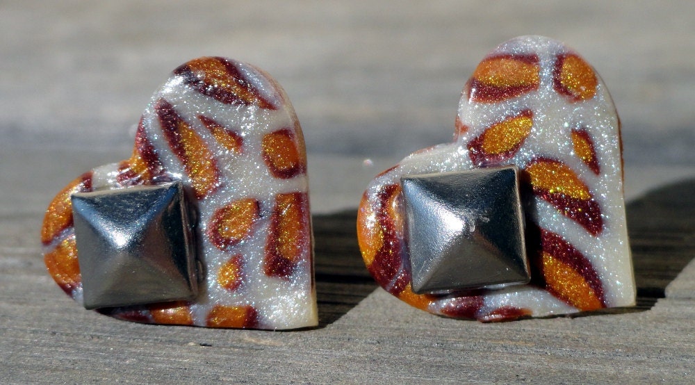Pyramid Stud Snow Leopard Print Heart Post Earrings for Sensitive Ears by Petal Cove