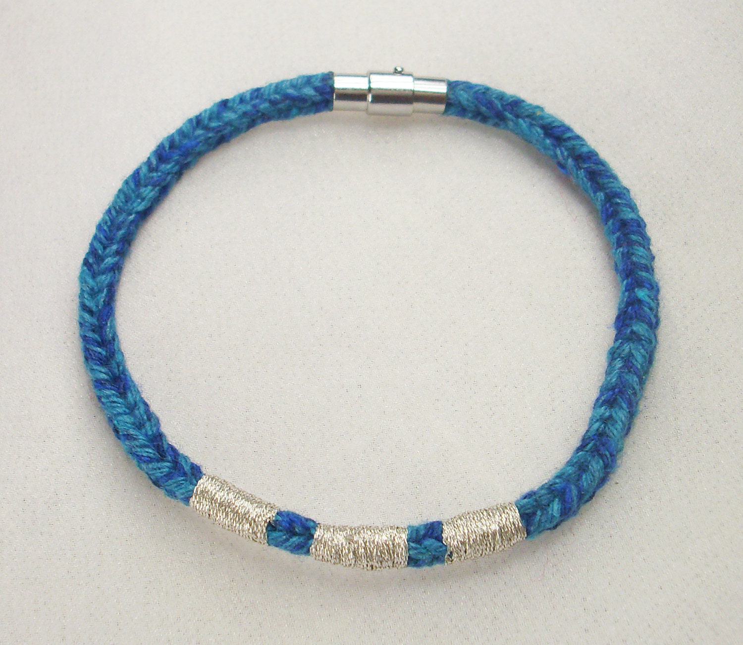 Blue Recycled Cotton Silver Embroidered Magnetic Closure Vrlika Bracelet