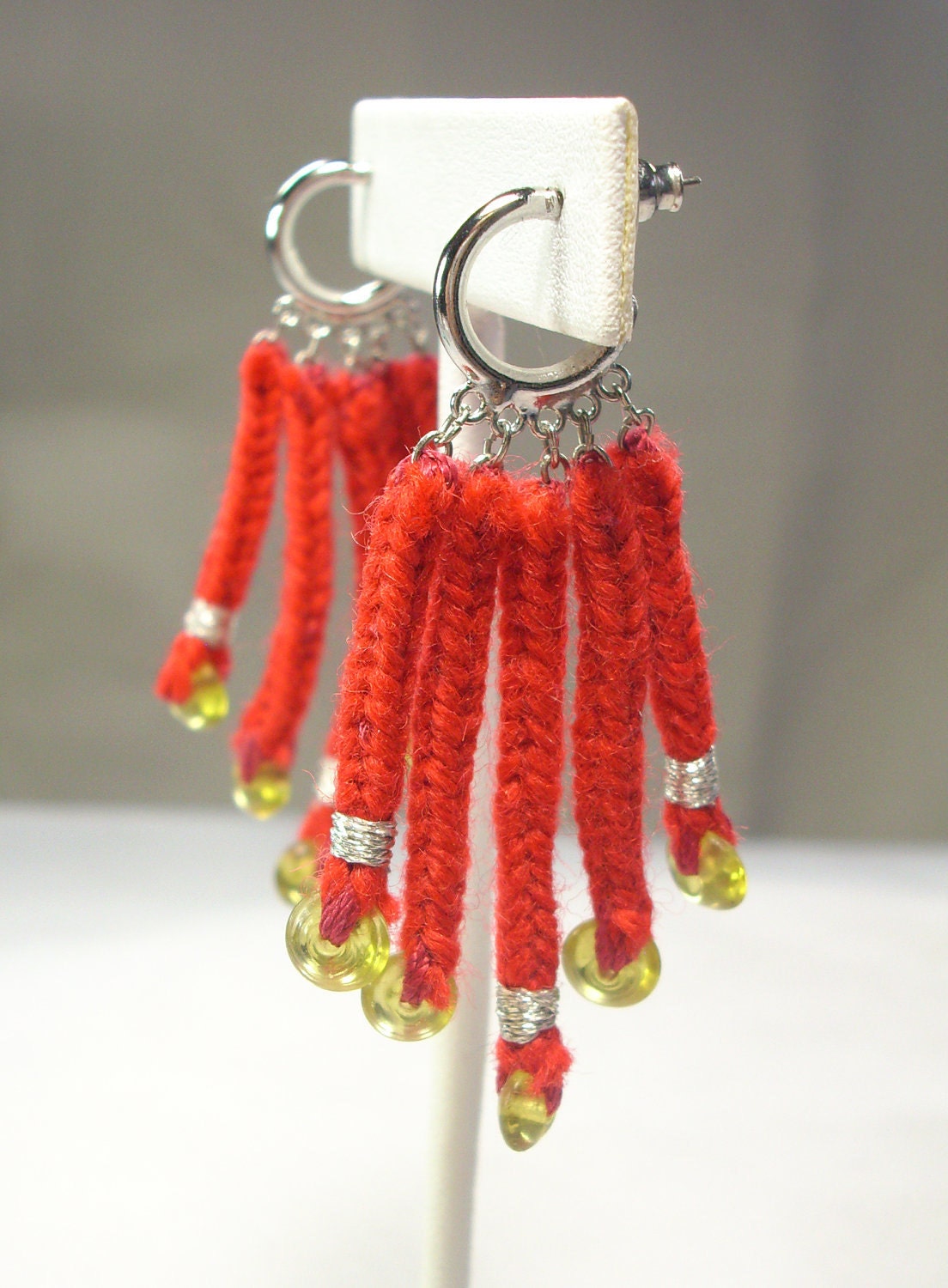 Red Wool Silver Embroidered Yellow Bead Earrings OOAK