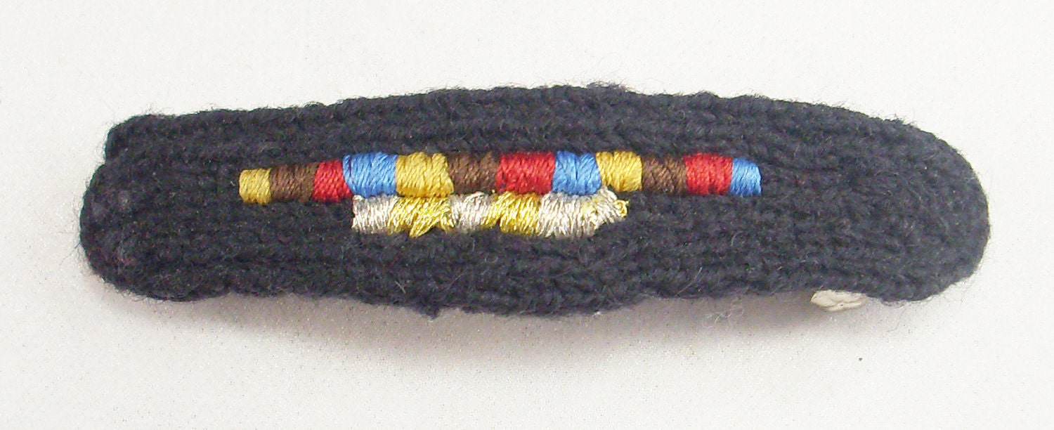 Black Wool Cord Embroidered Striped Hair Barrette OOAK
