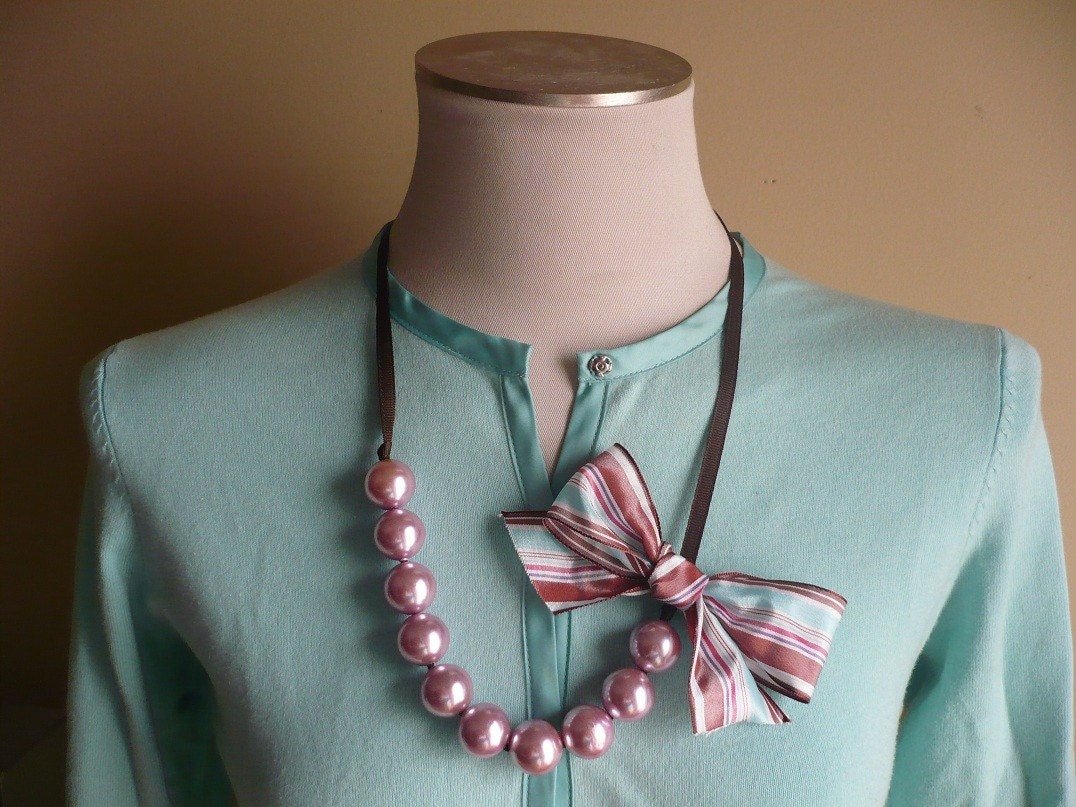 Preppy Pink Pearl and Multi Striped Ribbon Necklace