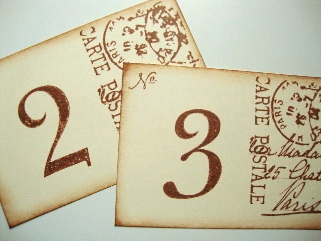 Paris Postcard Wedding Table Numbers Rustic Vintage Style