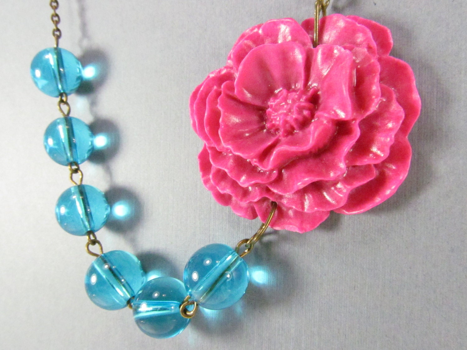 Flower Necklace, Hot Pink Cabbage Rose with Clear Blue Glass Beads, Brass Swallow, Bridesmaid Necklace - ElmasBox
