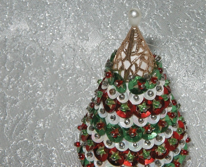 Vintage Sequin Christmas Tree Ornament Beaded Red and Green Sequins - Pearl Drop - Lovely Holiday Treasure for Decorating Tree or Mantle