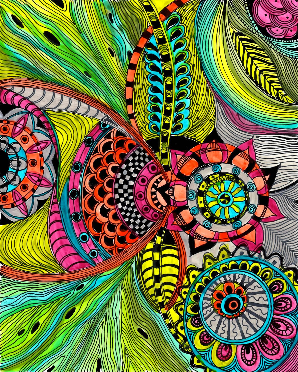 Abstract art PRINT-red green yellow modern flowers ink and acrylic