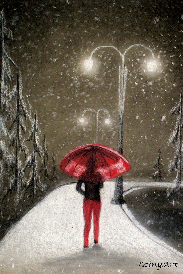 Snow Walk - Matted 8x10 Watercolor print - Pastel and charcoal Drawing - Winter, December, Christmas, umbrella - Day 104 Print