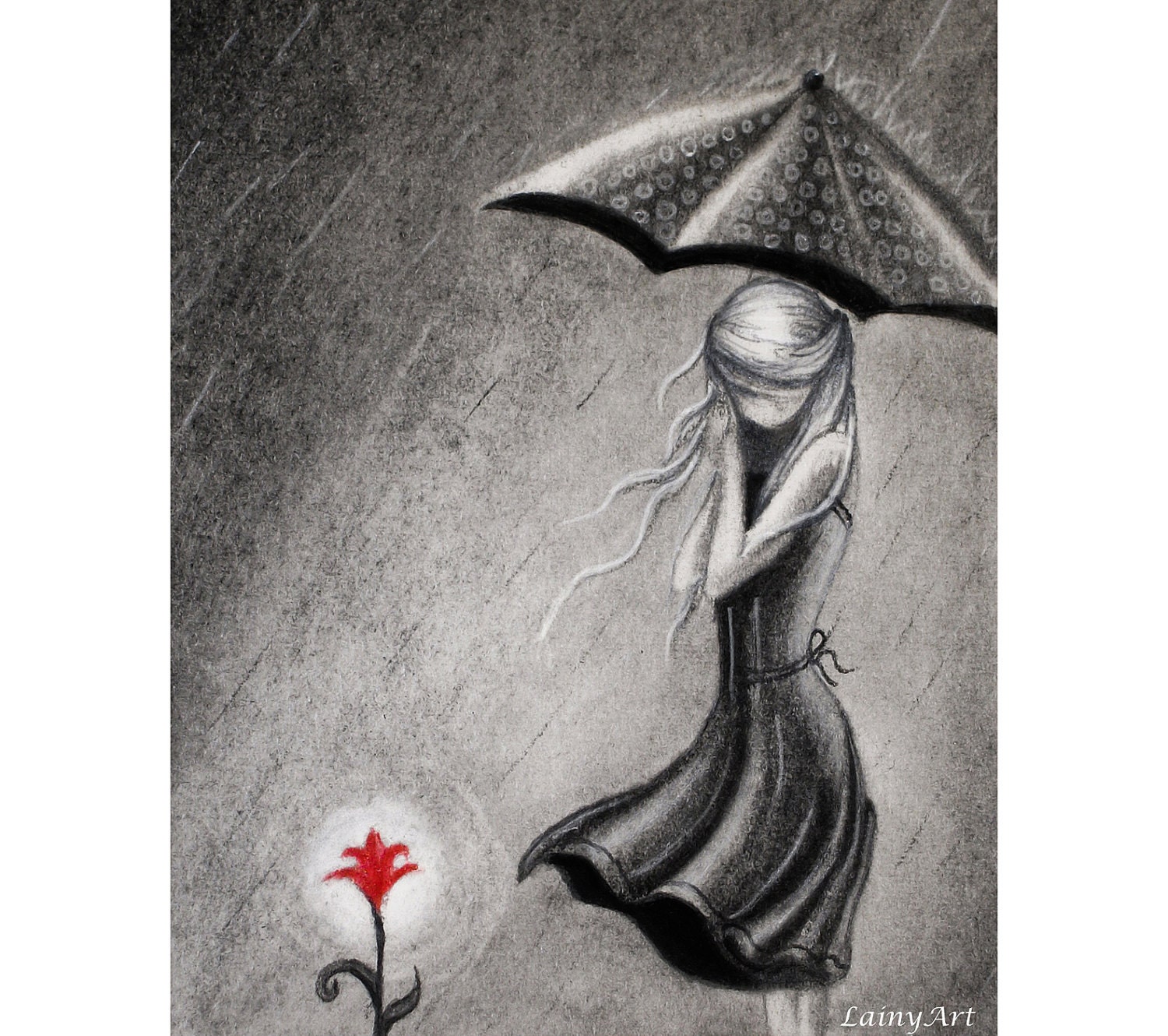 Umbrella Lady and her flower - 8x10 Watercolor Print - Charcoal Drawing, Original Artwork - Day 47 Print