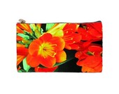 This bag will not ship until June 10th,  Orange Lipstick and Mascara Bag, stock stuffer idea, orange flowers, bright orange small bag