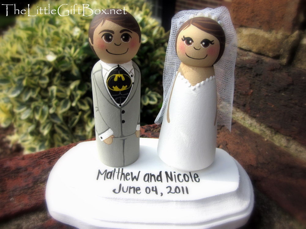 Wedding Cake Topper / Custom Painted Wood Peg Dolls with Plaque / Superhero