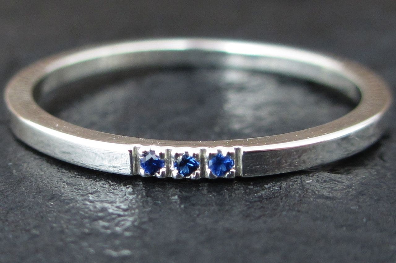 Three Stone Sterling Silver Stacking Ring 925 and Three Sapphires Handmade Size: 7
