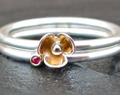 15% OFF Handmade 14K Yellow Gold and Sterling Silver Ring Flower Lily and 14K Yellow Gold and Ruby Ring Size: 7