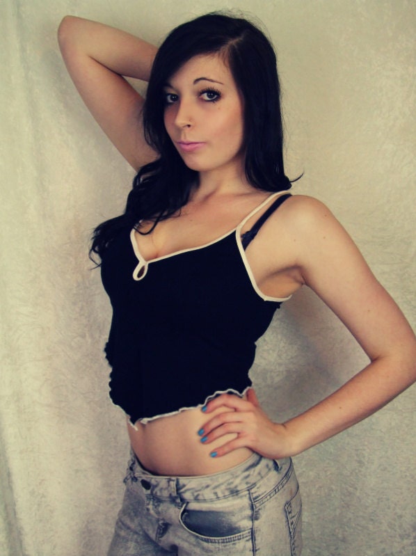 Black & White Top, Tank, Crop, Cropped, Strappy, Belly, Pixie, Cotton, Size, M, Medium, Ladies, Upcycled, Clothing, UK 12, US 10