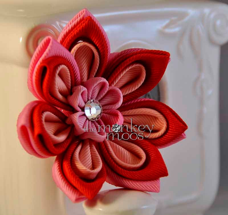 Fabric Flower Hairclip for Girls -LG PinkCherryBerry PetalQuad Kanzashi