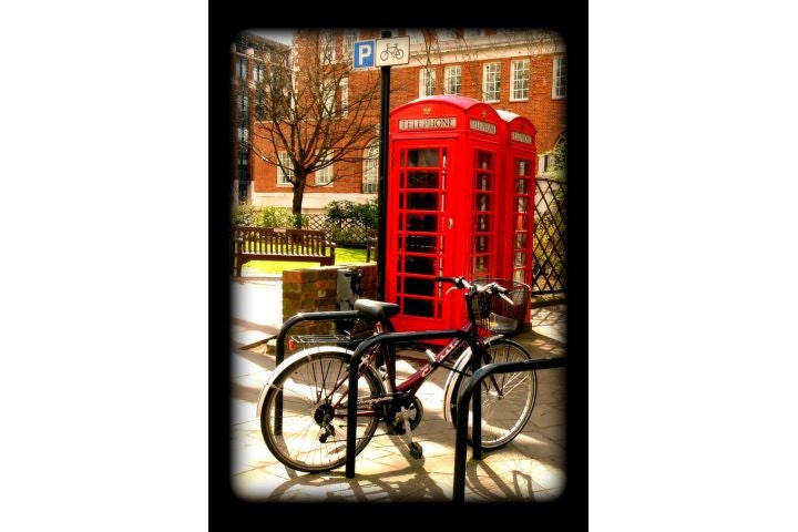 Clearance Photo:London Calling,Two Phone Boxes and a Bicycle, 5x7 MATTED fine art photograph (fits standard 8x10 frame)