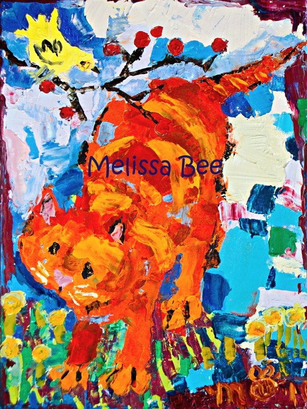 Curious Orange Kitty & Yellow Bird oil painting by Melissa BEE