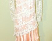 Vintage Shabby Chic Lace Dress-Antique Lace Peach Pink Satin Slip Dress with Lace Puffed Sleeve OverBlouse-Wedding-Mother of Bride Groom