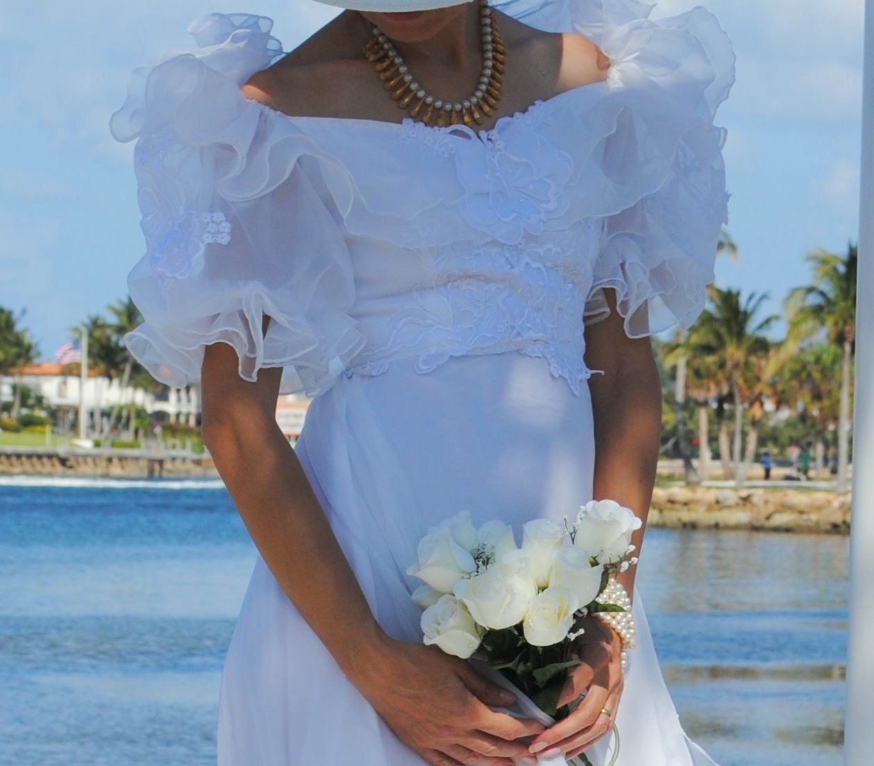 SALE Vintage wedding dress white fairytale lace chiffon ruffles flounces off shoulder train in pristine condition