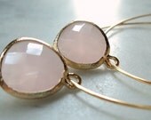 large gold hoops with rose quartz pale milky pink glass drop earrings.  Everyday Hoop Collection.  Bridal earrings.  Bridesmaids.  Wedding.